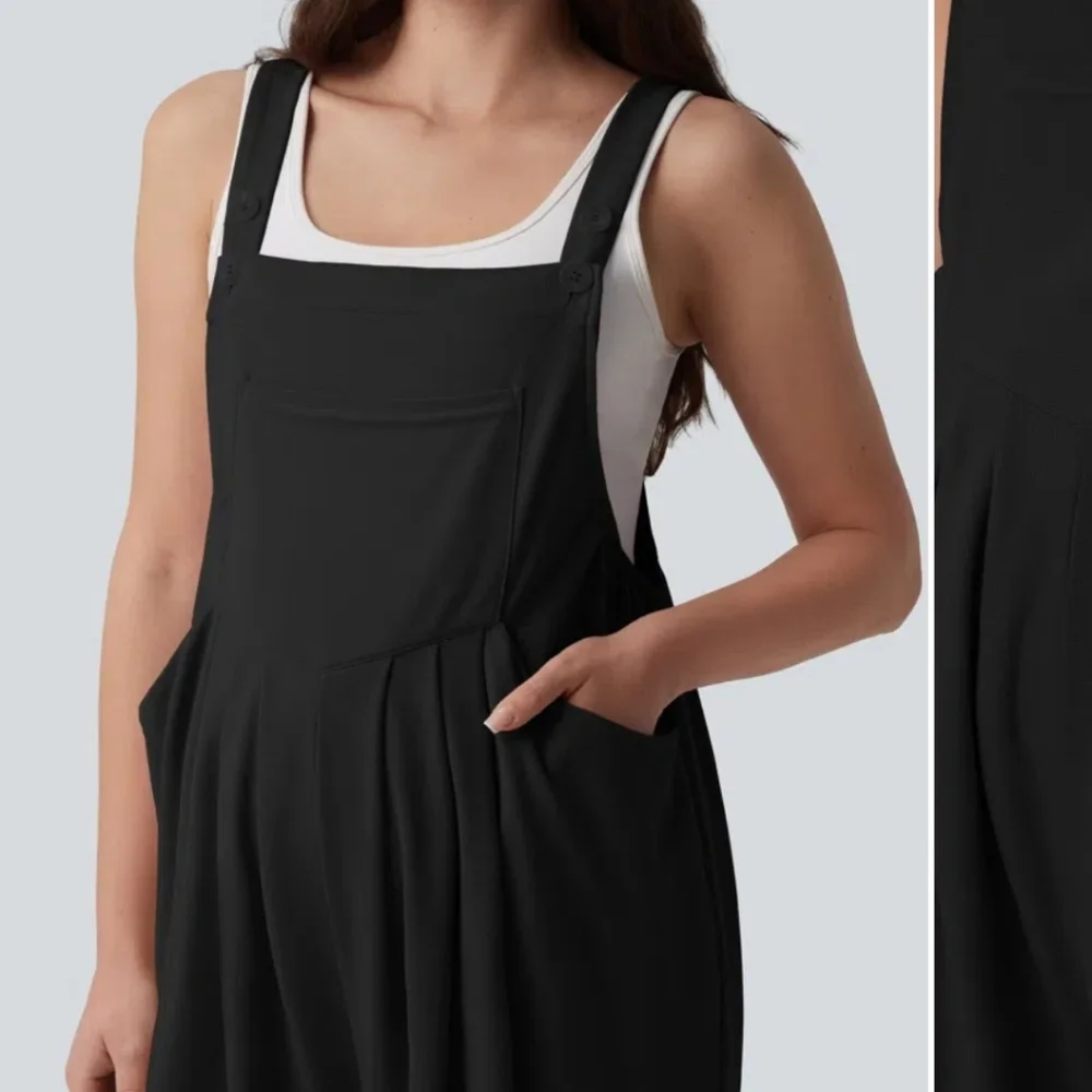 Halara Waffle Casual Maternity Jogger Overalls with Pockets medium black - Picture 4 of 12